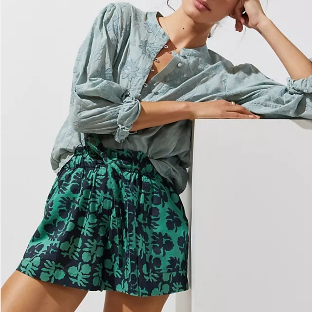Anthropologie Omika Asha Shorts Green Blue Indian Blockprint Ruffle Zipper Fly S